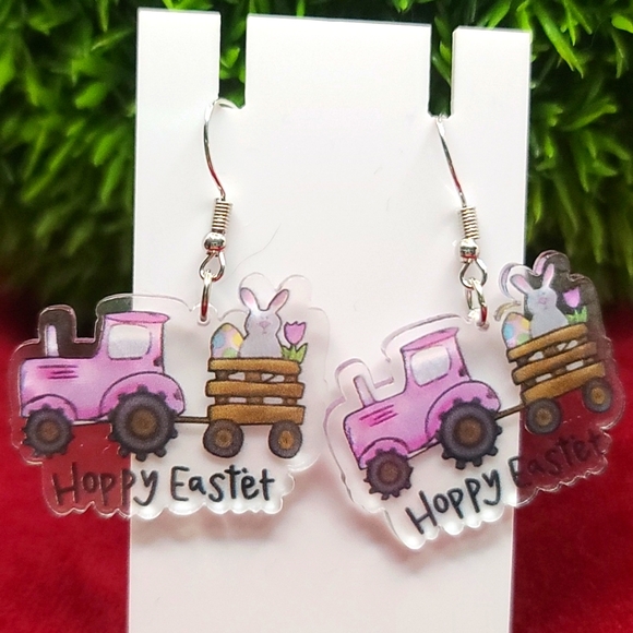 EASTER EARRINGS Purple Tractor pulling Easter bunny & eggs  dangle acrylic NWT - Picture 1 of 3
